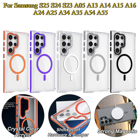 Clear Dual Color Strong Magnetic Wireless Charging Case For Samsung S25Ultra S24+ S23FE A14 A15 A16 A24 A25 A34 A35 A54 A55 Clear Shockproof Metal Camera Frame Bumper TPU Acrylic Hard Cover
