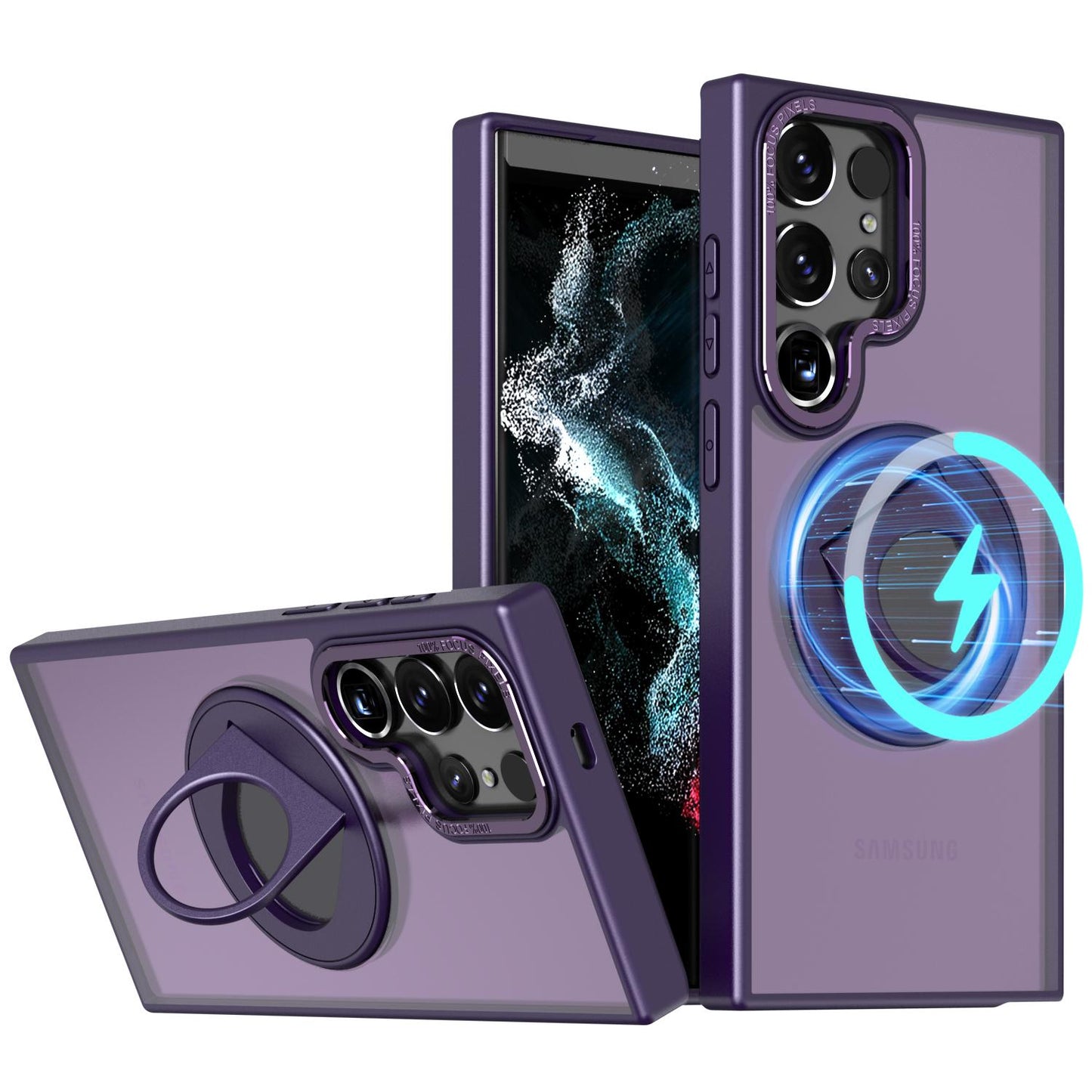 Matte Ring KickStand Metal Frame Magnetic Wireless Charging Acrylic Phone Case For Samsung S24Ultra S24 S23Ultra S23FE S23 S22 plus Case Magnetic Shockproof Hard Full Cover