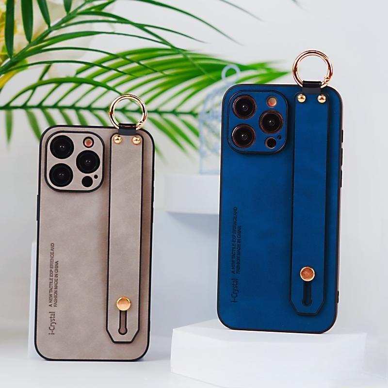 For iPhone 16ProMax 16 15 14 13 12 Case With Wristband, Matte Durable Faux Leather Kickstand Shockproof Phone Case