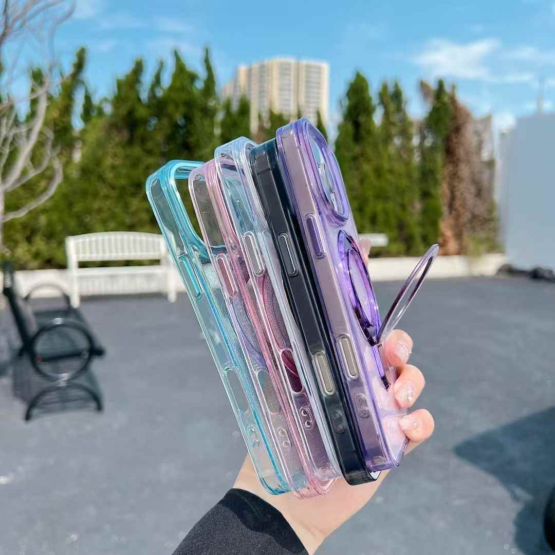 Glitter Strong Magnetic Kickstand For Magsafe Phone Case For iPhone 16 15 14 13 12 11 Pro Max Plus Metal Frame Acrylic Shockproof Hard Cover