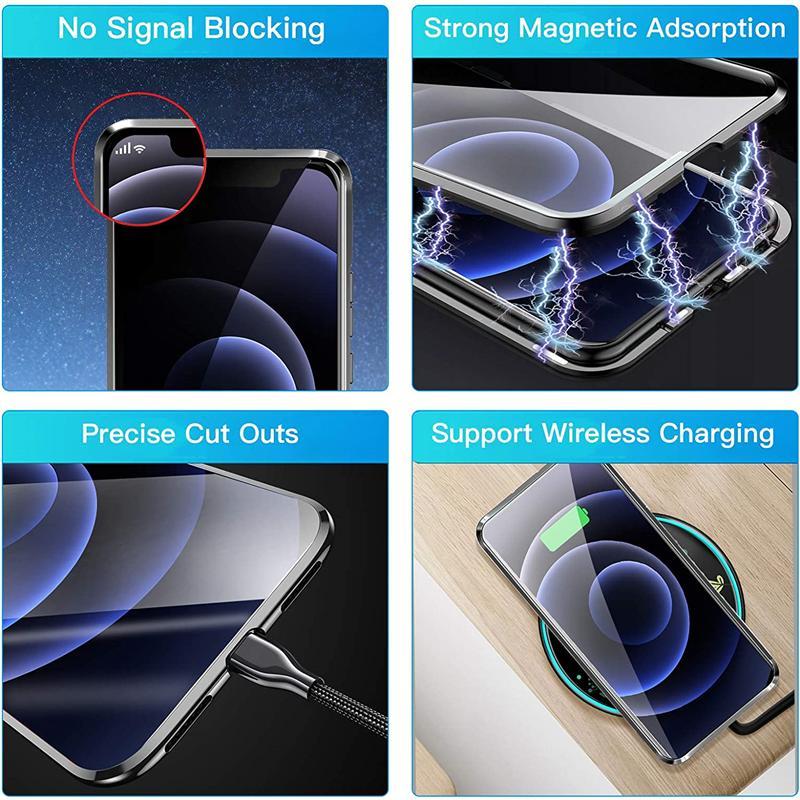 Anti Peeping Magnetic Double Sided Full Cover Privacy Metal Bumper Glass Case for iPhone 16ProMax 16 15 14 13 Pro Max 12 Antispy Magnetic Ring Support Wireless Charging Back Cover