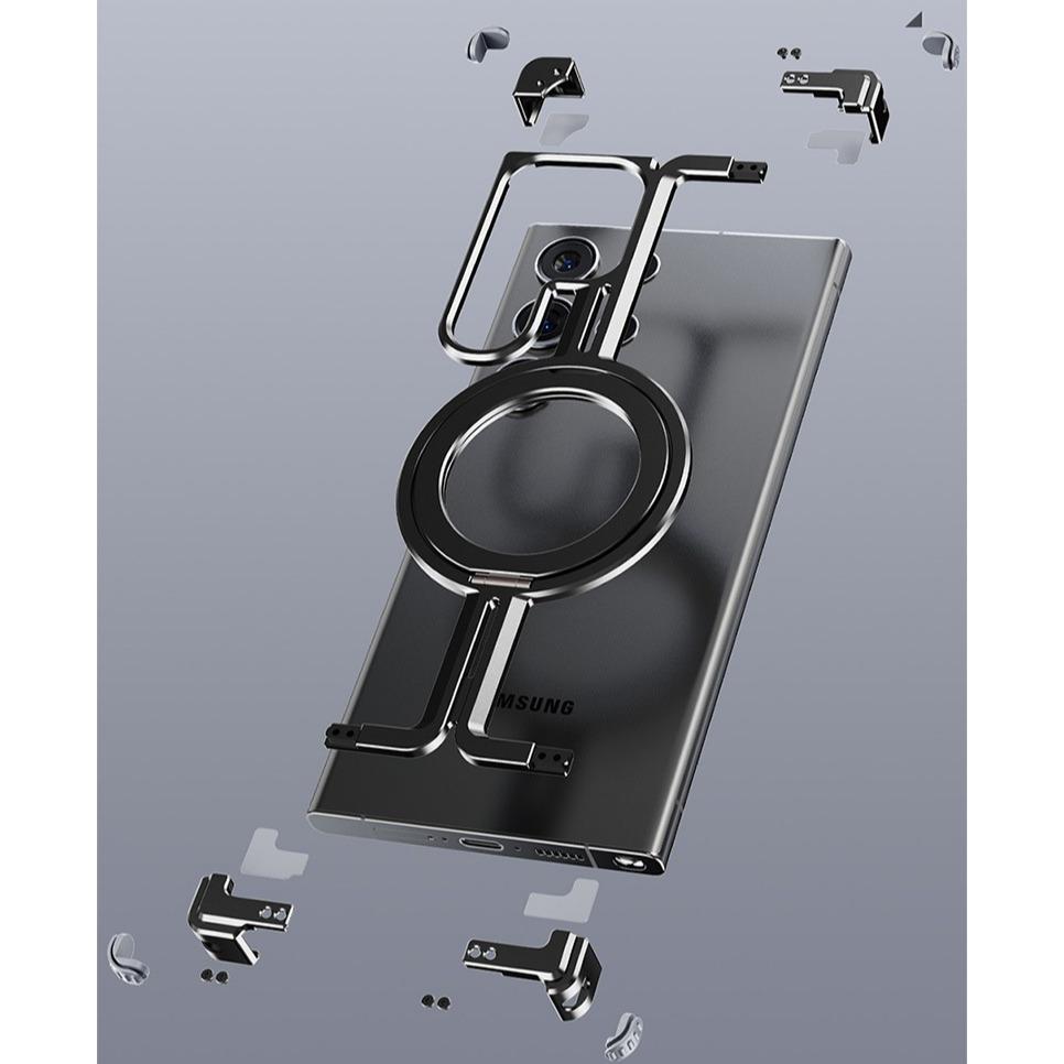 For Samsung S25Ultra S24Ultra S24+ S24 Aluminum π Shape Phone Case with Metal 360 Rotating Kickstand, Anti-Fall for Magsafe Shockproof Frameless Support Wireless Charging Hard Full Cover