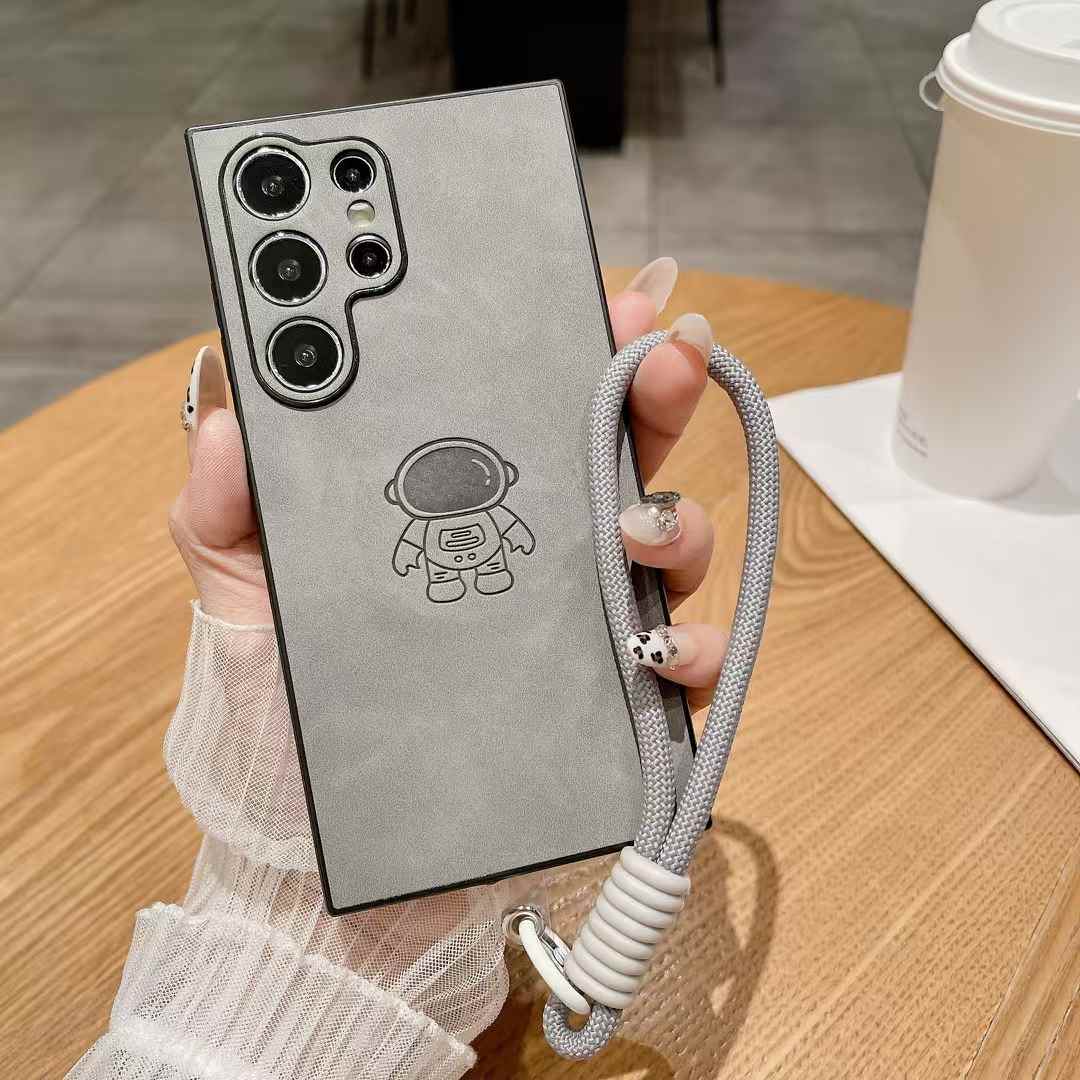 For Samsung S25Ultra S25Edge S24 S23 S22 S21 Note20 A16 A26 A36 A55 A56 Case With Weave Wristband, Astronaut Pattern Matte Suede Leather Shockproof Hard Phone Case