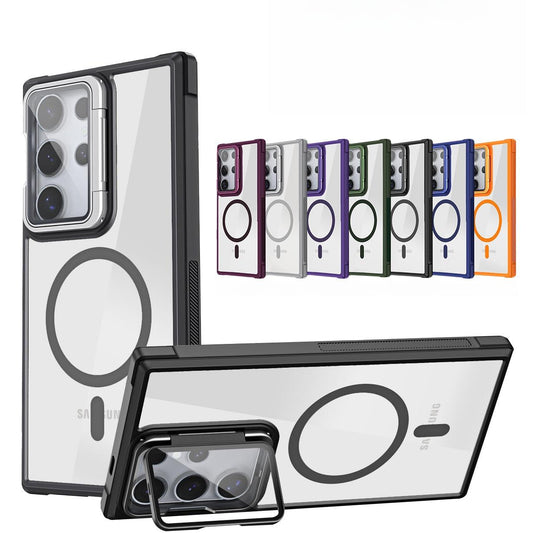 For Samsung S25Ultra S25 S24 S23 S21FE S20FE Strong Magnetic Phone Case, Glass Camera Kickstand Protection, HD Acrylic Four Corner Shockproof Bumper Hand Feel Hard Full Cover