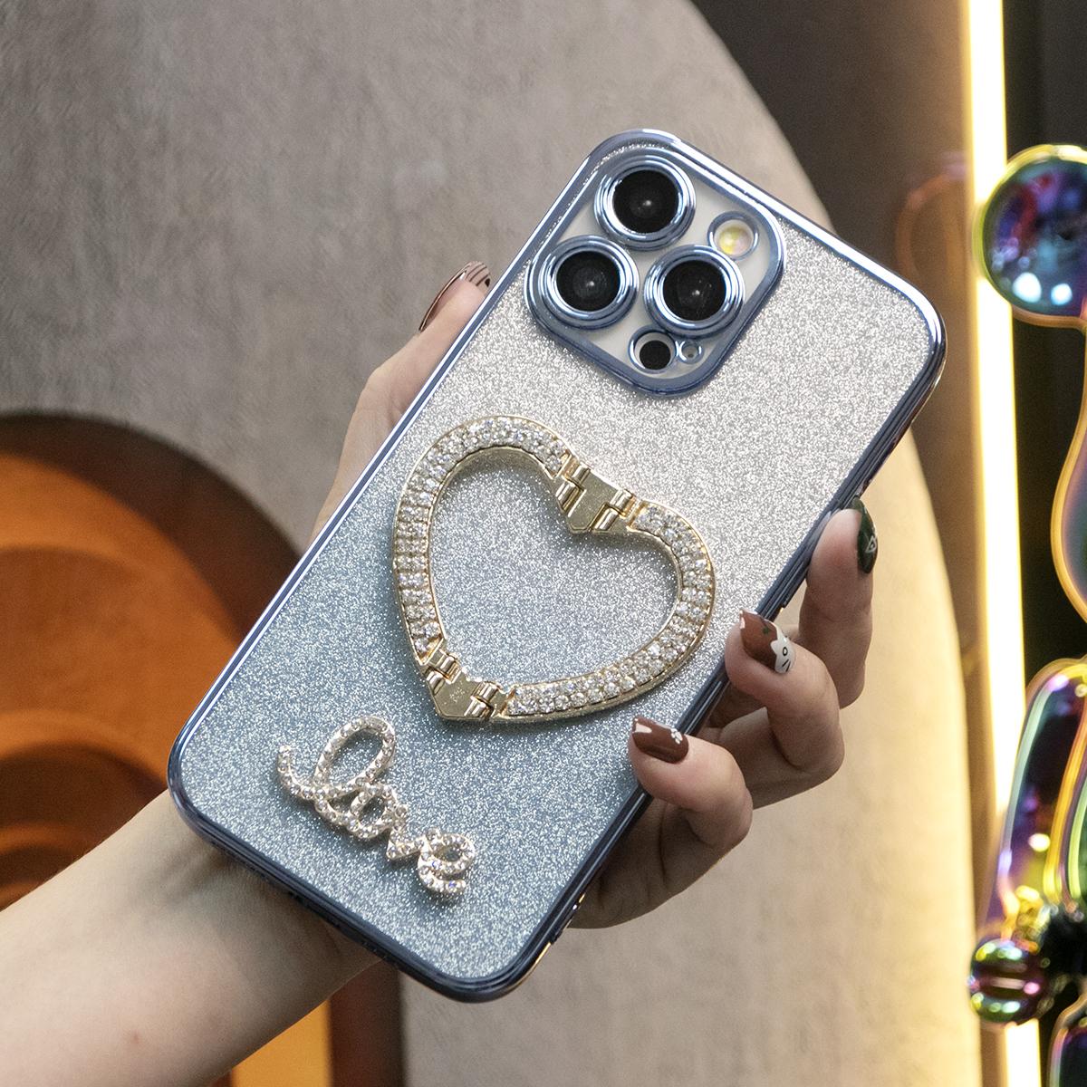 Glitter Transparent Gradient Diamond Love Heart Holder Plating Phone Case For iPhone 16 15 14 13 12 Pro Max Clear Soft TPU Back Cover