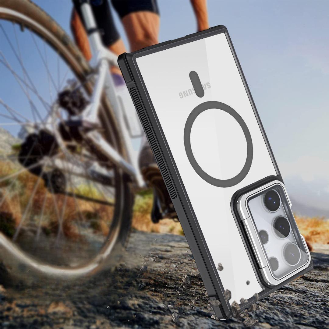 For Samsung S25Ultra S25 S24 S23 S21FE S20FE Strong Magnetic Phone Case, Glass Camera Kickstand Protection, HD Acrylic Four Corner Shockproof Bumper Hand Feel Hard Full Cover