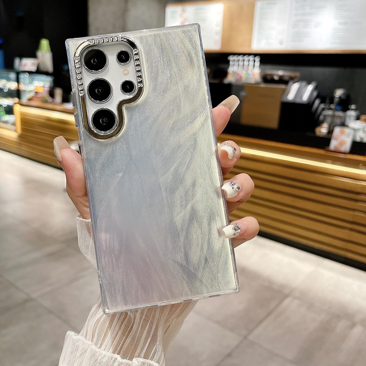 For Samsung S25Ultra S25 S24 S23 S22 Phone Case, Luxury Electroplating Laser Feathers Silk Pattern Acrylic Slim, Full Camera Protection Non-Yellowing Hard Cover