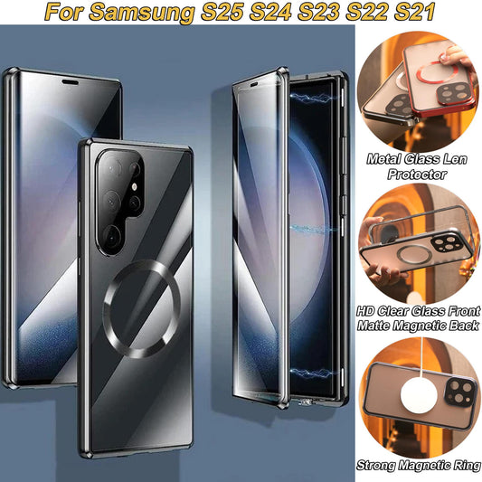 HD Clear Tempered Glass Front Acrylic Magnetic Ring Black Cover Double Sided Magnetic Phone Case for Samsung S25Ultra S25 S24 S23 S22 S21 Metal Frame Shockproof Full Case with Len Protection