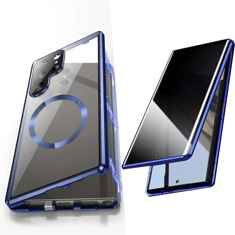 Privacy Tempered Glass Front Acrylic Magnetic Ring Black Cover Double Sided Magnetic Phone Case for Samsung S25Ultra S25 S24 S23 S22 S21 Metal Frame Anti-peep Full Case with Len Protection