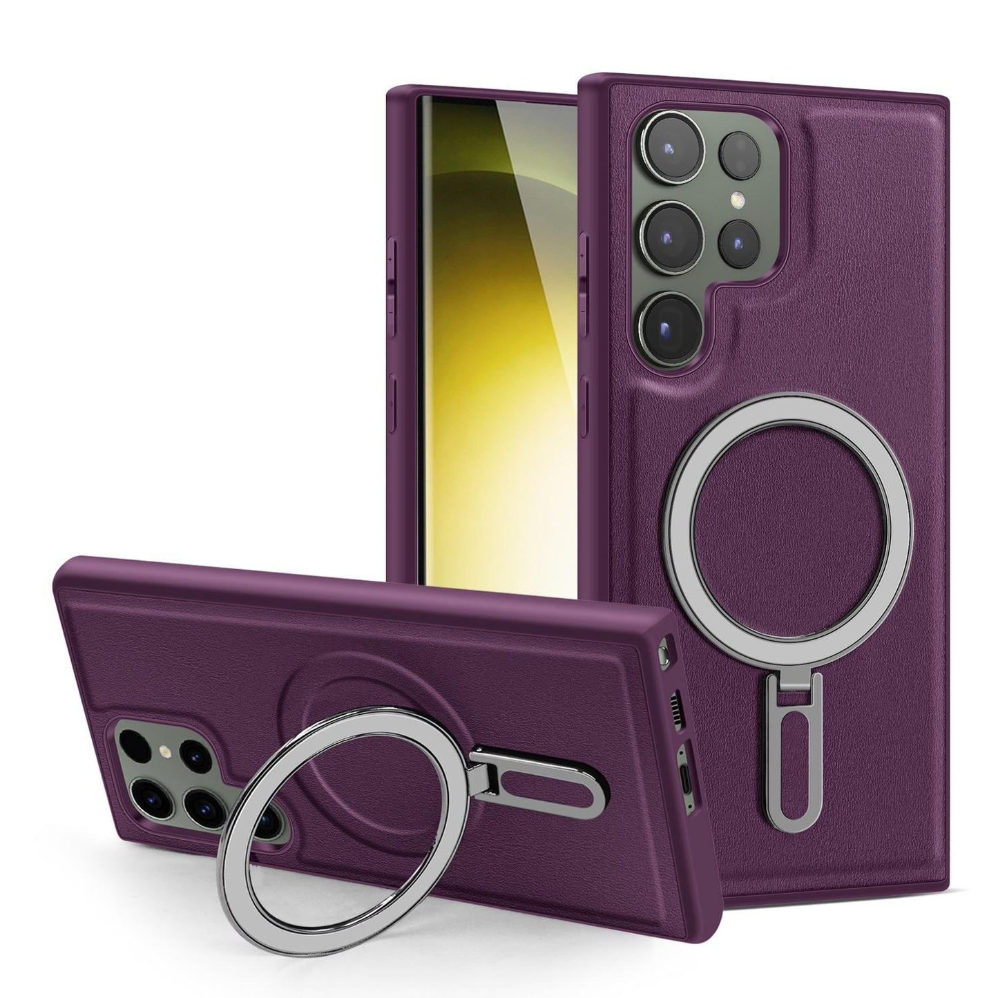 Luxury Full Leather Glossy Kickstand Phone Case For Magsafe For Samsung S25Ultra S25+ S25 S24FE S24 Ultra S23 S22 Ultra Plus Metal Ring Magnetic Metal Holder Shockproof Stand Back Cover
