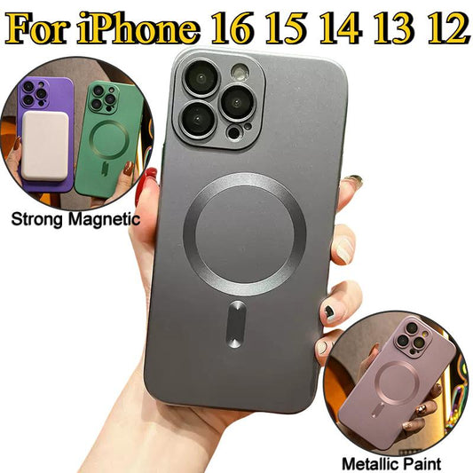 For iPhone 16 15 14 13 12 Pro Max Phone Case,  Metallic Paint Magnetic Soft Metallic Glossy Slim, Full Camera Cover Protection Support Wireless Charging Phone Case
