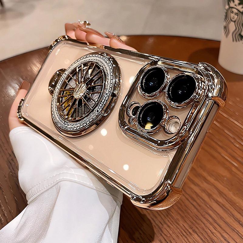 Glitter Plating Acrylic with Len Protector Phone Case with Metal Magnetic Gyro Rotating Kickstand For iPhone 16ProMax 15 14 13 12 Four Corner Shockproof Hard Full Cover