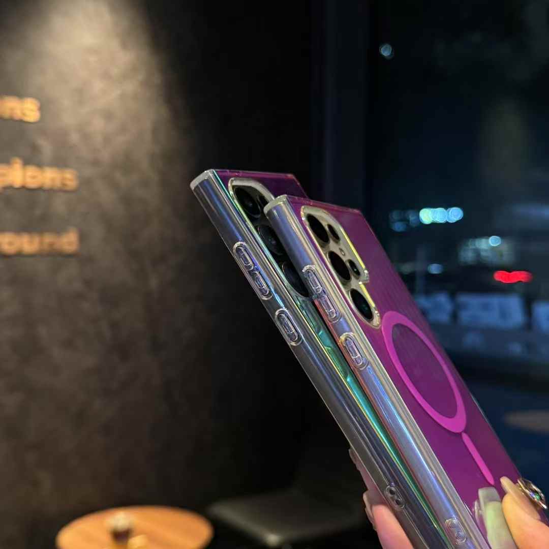 Gradient Laser Glitter Strong Magnetic HD Transparent PC Slim Phone Case For Samsung S25Ultra S25 S24 S23 Shockproof Hard Full Cover
