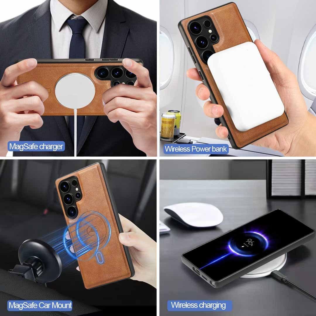 For Samsung S25 S24 S23 A16 A15 A36 A35 A56 A55 A53 Leather Phone Case with Strong Magnetic Wallet, Anti-Fall Card Bag Kickstand for Magsafe Shockproof Business Hard Full Cover