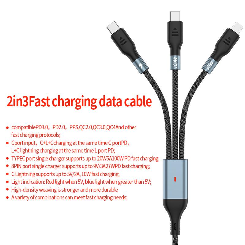 1.2m/2m 100W Super Fast Charge 2in3 Data Cable Support Laptop/Mobile Phone/Tablet USB+Type-c to C+L+C Multi-port Fast Charging Metal Head Nylon Braided Wire