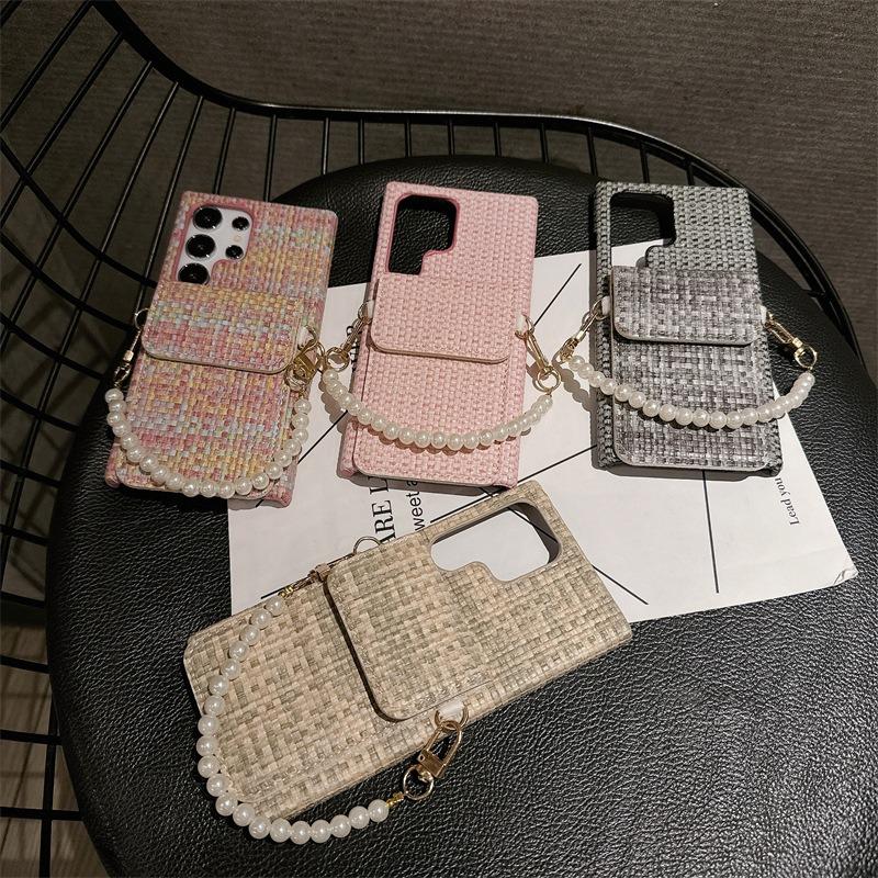 For Samsung S25Ultra S24 S23 S22 Case With Pearl Wristband, Gradient Woven Pattern Fabrics Wallet Shockproof Card Slot Hard Full Cover