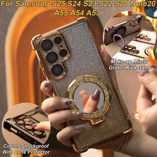 Gradient Plating Four Corners Shockproof Mirror Kickstand Case for Samsung S25Ultra S25+ S25 S24Ultra S24FE S24 S23 FE S22 Plus A53 A54 A55 Transparent Hard Acrylic Hybrid Bumper Armor Cover