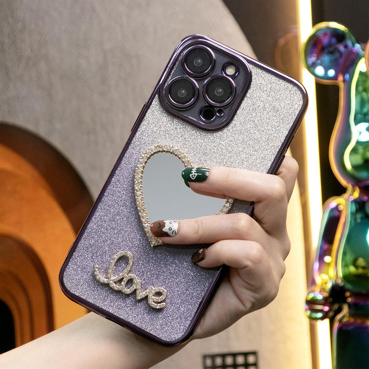 Glitter Transparent Gradient Love Heart Mirror Phone Case For iPhone 16 15 14 13 12 11 XR XSMax X/XS Clear Soft TPU Back Cover