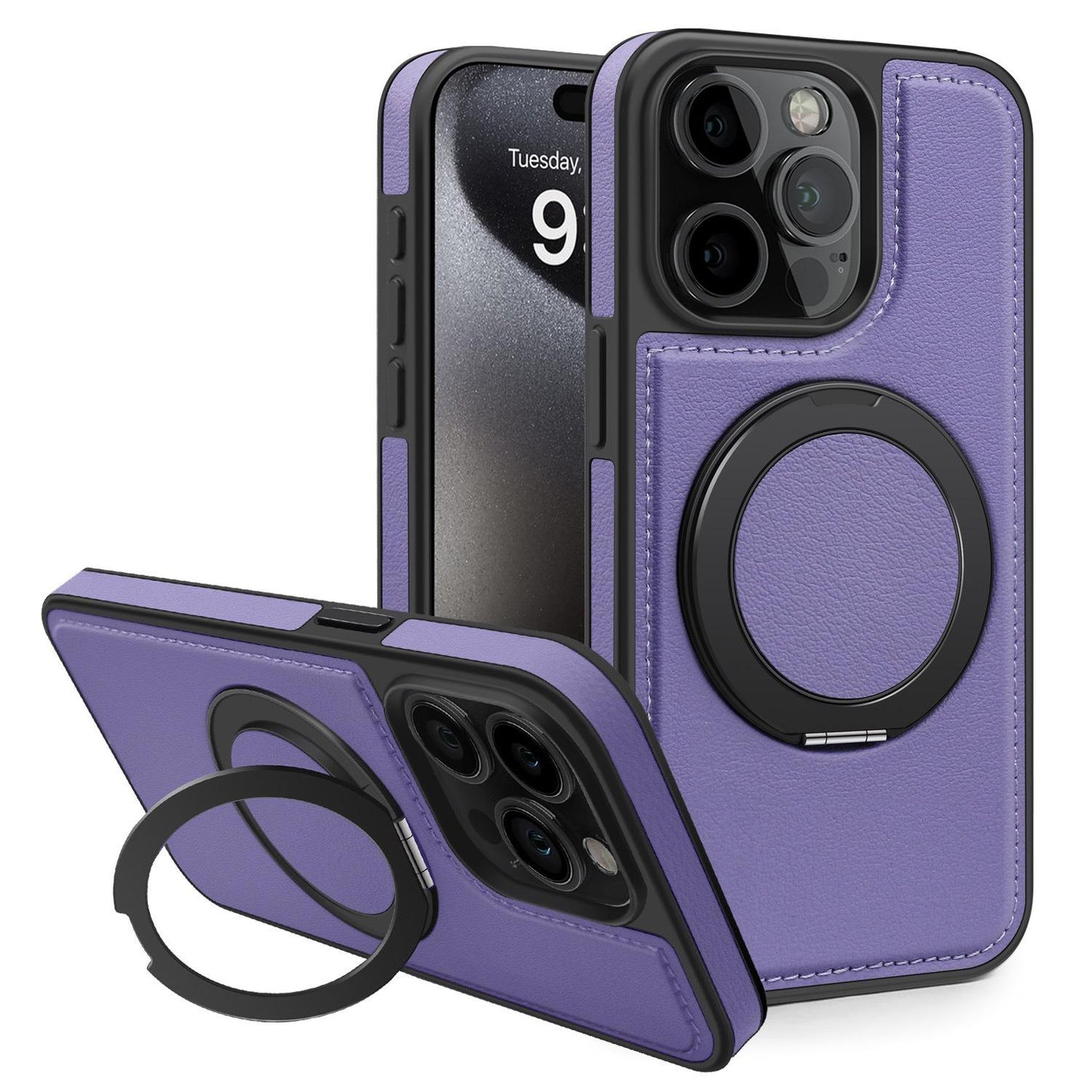 Luxury Full Leather Phone Case For iPhone 16ProMax 16 15 14 13 12 11 Magnetic Rotate Metal Holder Stand Back Cover