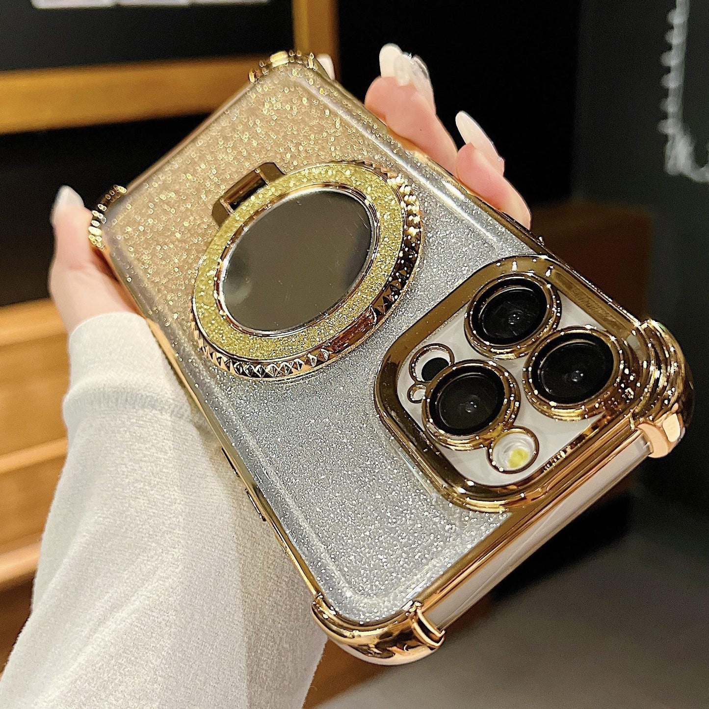 Glitter Gradient Plating Acrylic with Len Protector Phone Case with Mirror Kickstand For iPhone 16ProMax 15 14 13 12 Four Corner Shockproof Hard Full Cover