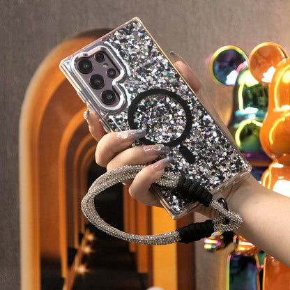 Glitter Glitter Transparent Strong Magnetic Phone Case With Weave Diamond Wristband For Samsung S25Ultra S24 S23 A14 A15 A16 A24 A25 A34 A35 A54 A55 Metal Frame Shockproof Acrylic Hard Cover