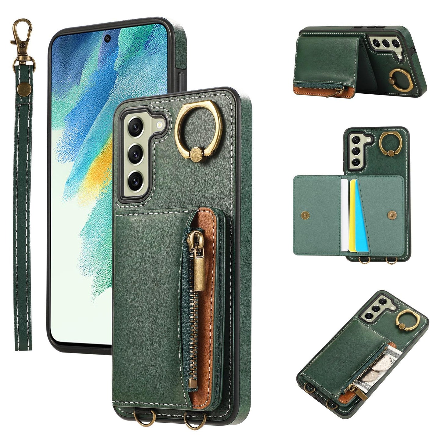 For Samsung S25Ultra S24 S23 S22 A16 A15 A35 A55 Leather Phone Case with Double Folding Wallet Wristband, Anti-Fall Card Bag Kickstand Shockproof Business Hard Full Cover