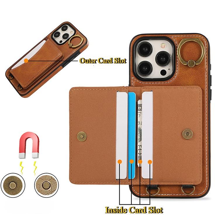 For iPhone 16ProMax 16 15 14 13 12 Leather Phone Case with Double Folding Wallet Wristband, Anti-Fall Card Slot Kickstand Shockproof Business Hard Full Cover