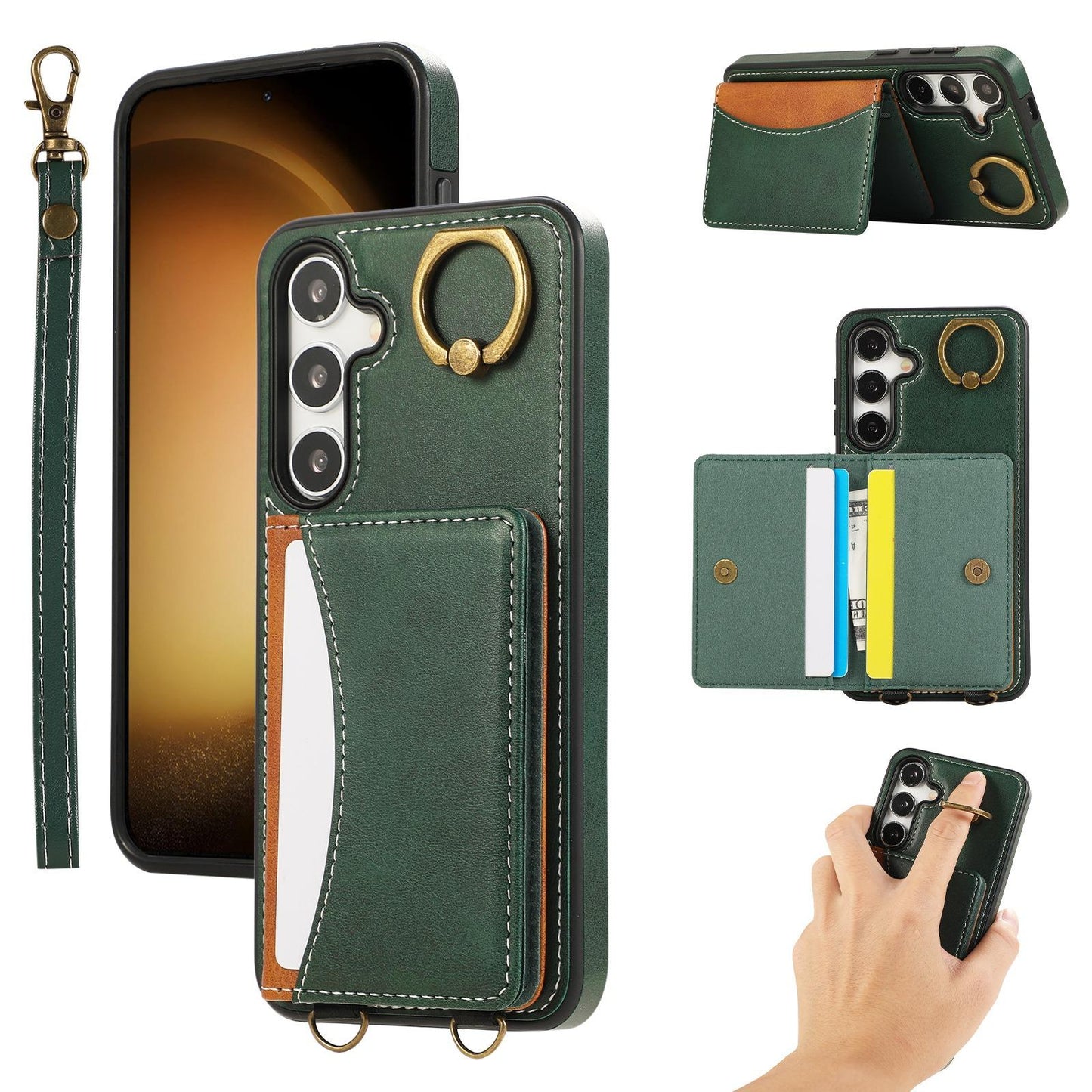 For Samsung S25Ultra S24 S23 S22 A16 A15 A35 A55 Leather Phone Case with Double Folding Wallet Wristband, Anti-Fall Card Slot Kickstand Shockproof Business Hard Full Cover