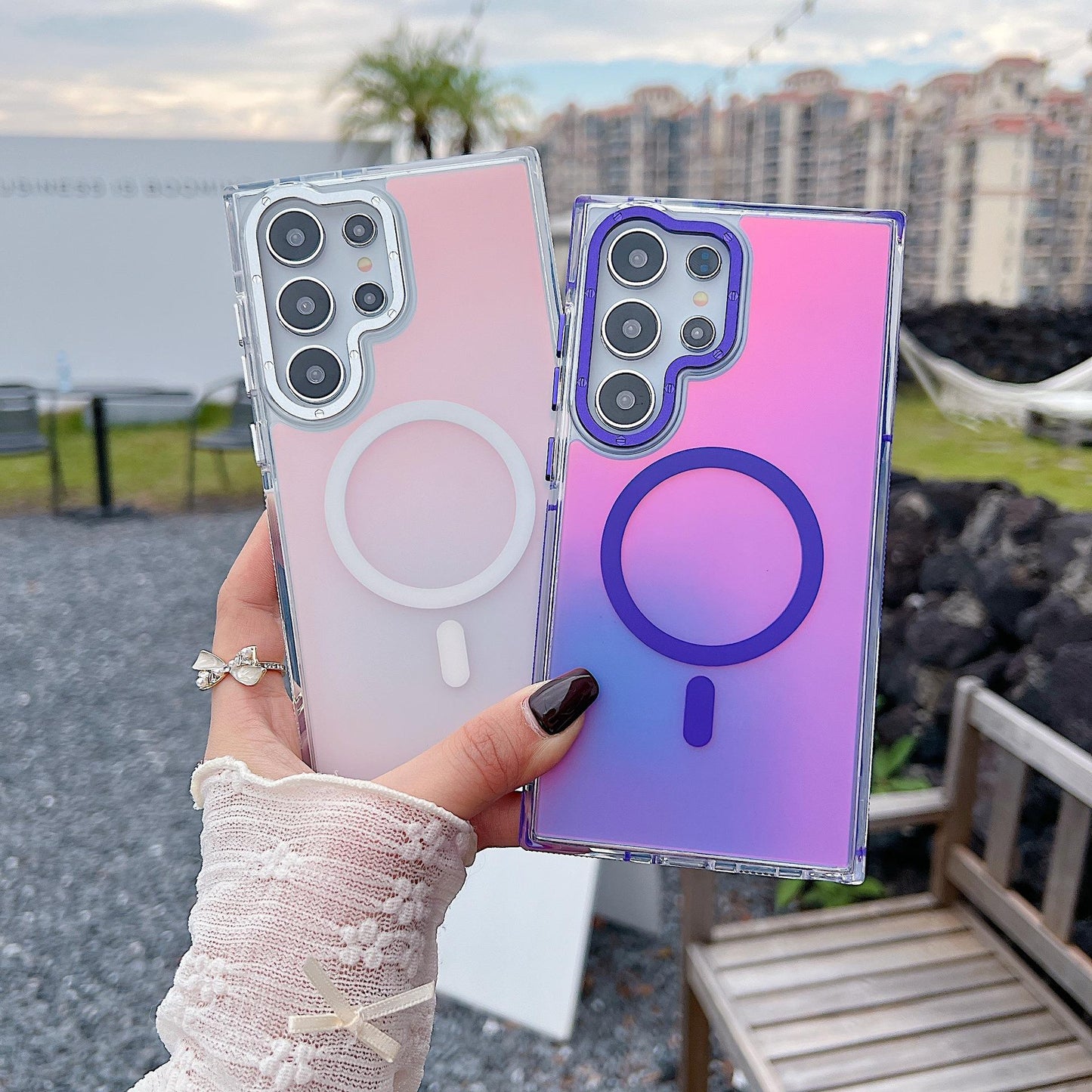 Laser Gradient Chameleon Strong Magnetic Wireless Charging Phone Case For Samsung S25Ultra S25 S24 S23 S22 A06 A15 A16 A25 A35 A36 A53 A54 A55 Metal Frame Acrylic Shockproof Hard Cover