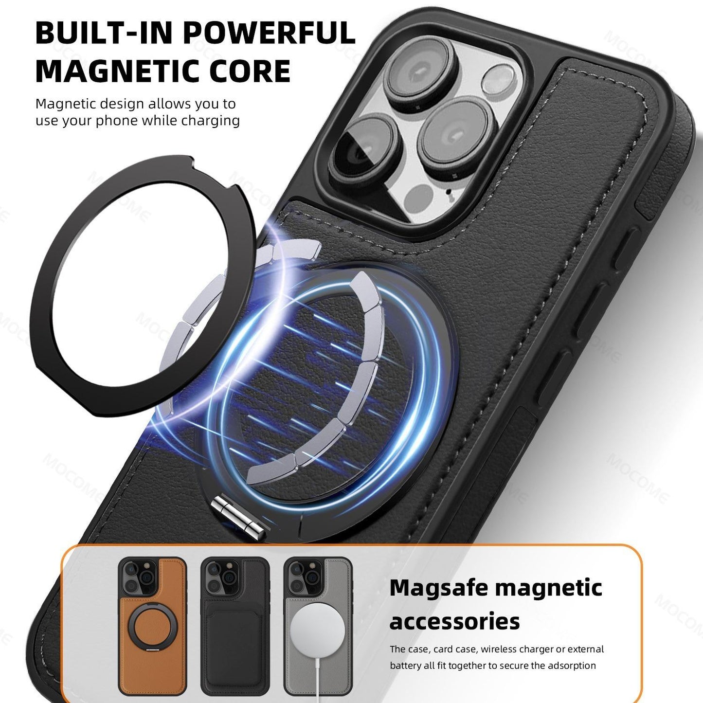 Luxury Full Leather Phone Case For iPhone 16ProMax 16 15 14 13 12 11 Magnetic Rotate Metal Holder Stand Back Cover