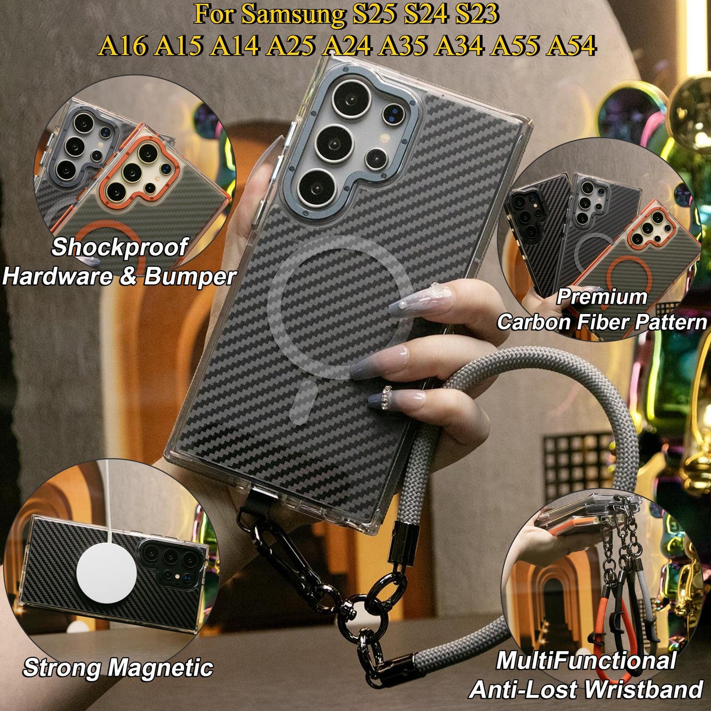 Strong Magnetic Carbon Fiber Phone Case, With MultiFunctional Wristband, Metal Hardware Acrylic, Shockproof Anti-Fall Bumper For Samsung S25Ultra S25 S24 S23 S21FE A14 A15 A24 A25 A35 A54 A55 A05