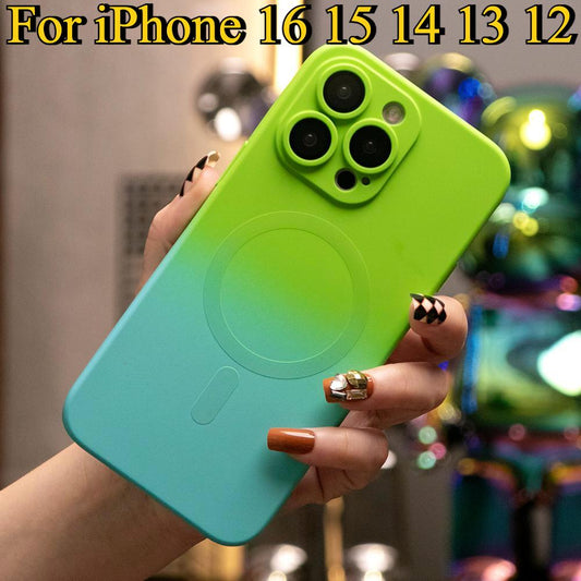 For iPhone 16 15 14 13 12 Pro Max Phone Case, Gradient Magnetic Soft Metallic Glossy Slim, Matte Full Camera Cover Protection Support Wireless Charging