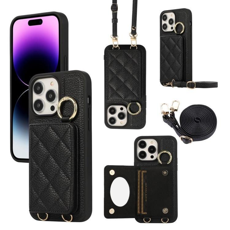 For iPhone 16ProMax 16 15 14 13 12 11 Leather Phone Case with Double Folding Wallet Lanyard, Anti-Fall Card Slot Mirror Ring Kickstand Shockproof Business Hard Full Cover