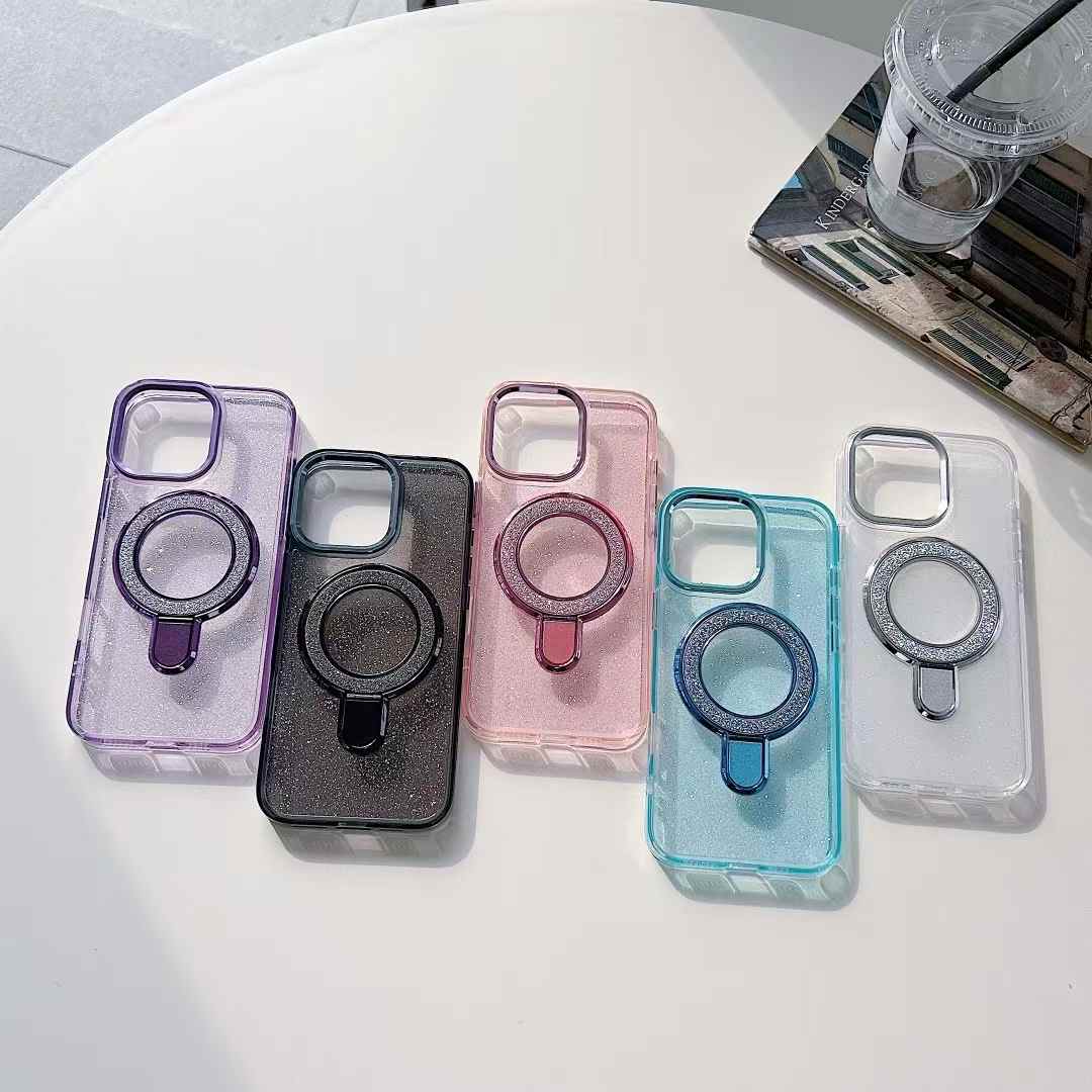 Glitter Strong Magnetic Kickstand For Magsafe Phone Case For iPhone 16 15 14 13 12 11 Pro Max Plus Metal Frame Acrylic Shockproof Hard Cover