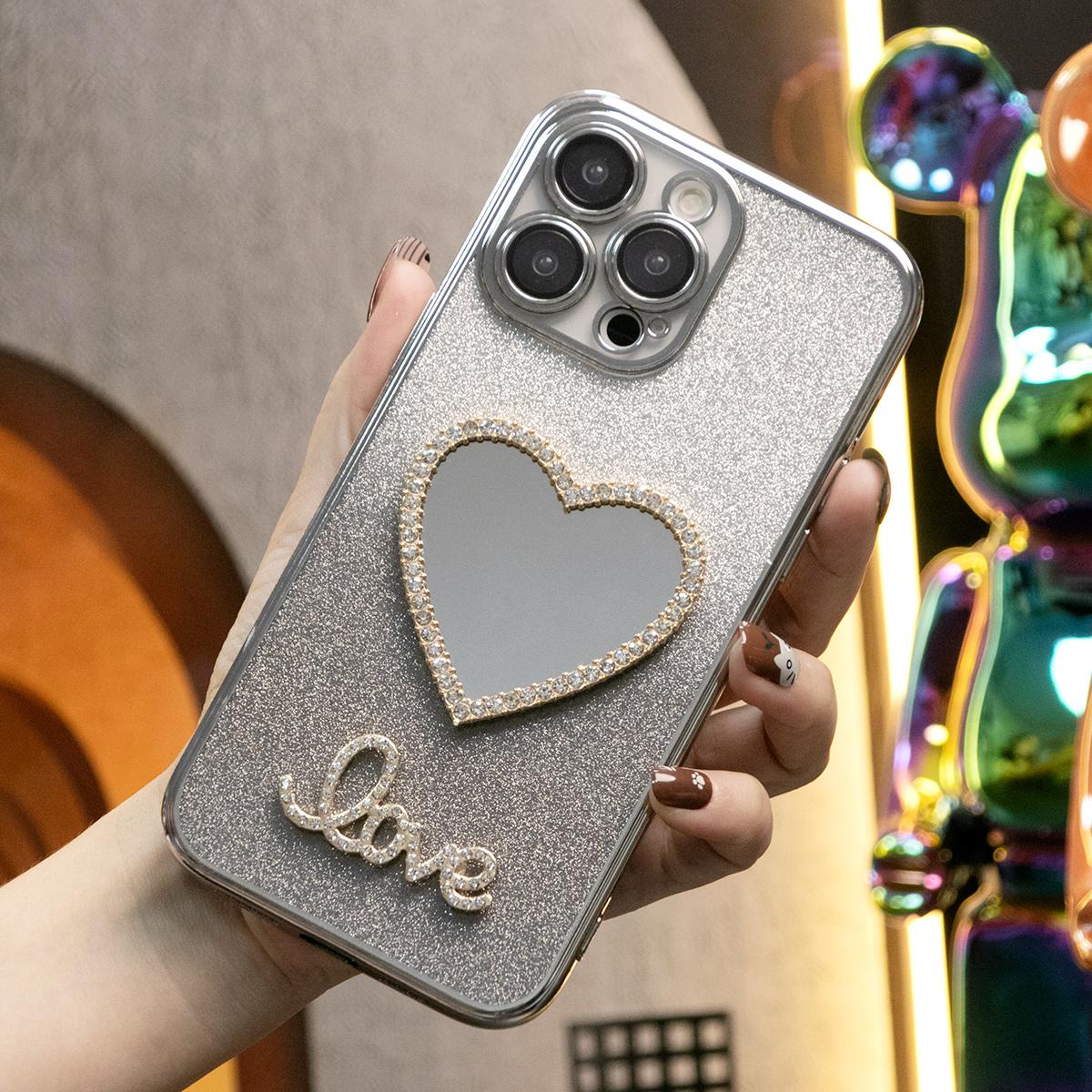 Glitter Transparent Gradient Love Heart Mirror Phone Case For iPhone 16 15 14 13 12 11 XR XSMax X/XS Clear Soft TPU Back Cover