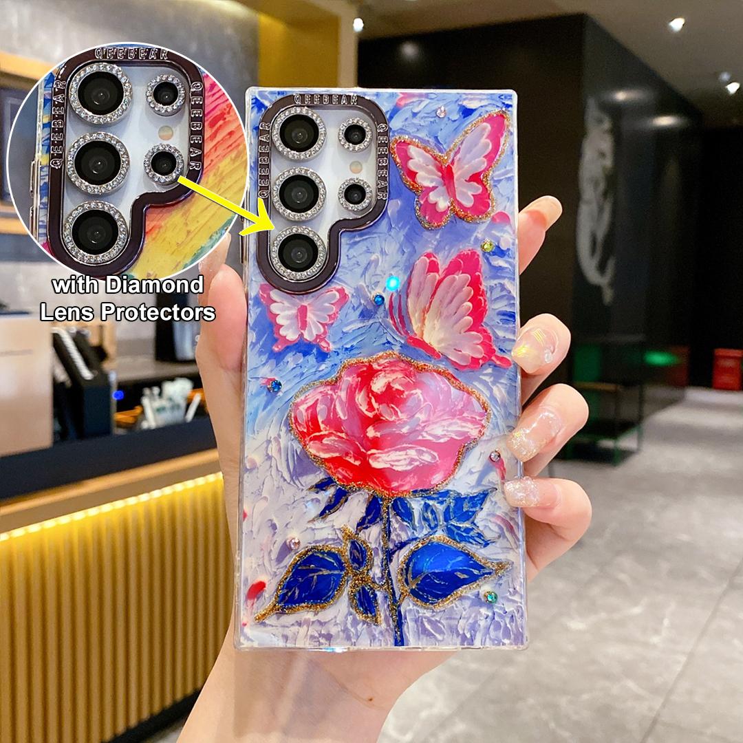 For Samsung S25 S24 S23 S22 Phone Case with Diamond Lens Protectors, Luxury Castle Panda Leopard Rainbow Butterfly Elephant Girl Oil Painting Metal Camera Frame Anti-drop Hard Shockproof Full Cover