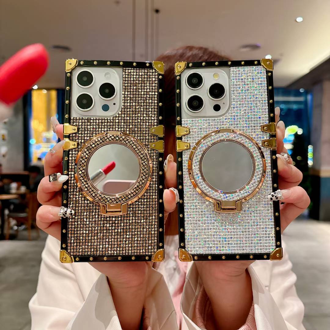 Luxury Glitter Bling Diamond Heavy Duty Protection Shockproof With Mirror Magnetic Kickstand Phone Case for iPhone 16ProMax 16 15 14 13 12 11 Pro Max Plus Fashion Square Case Back Soft Cover