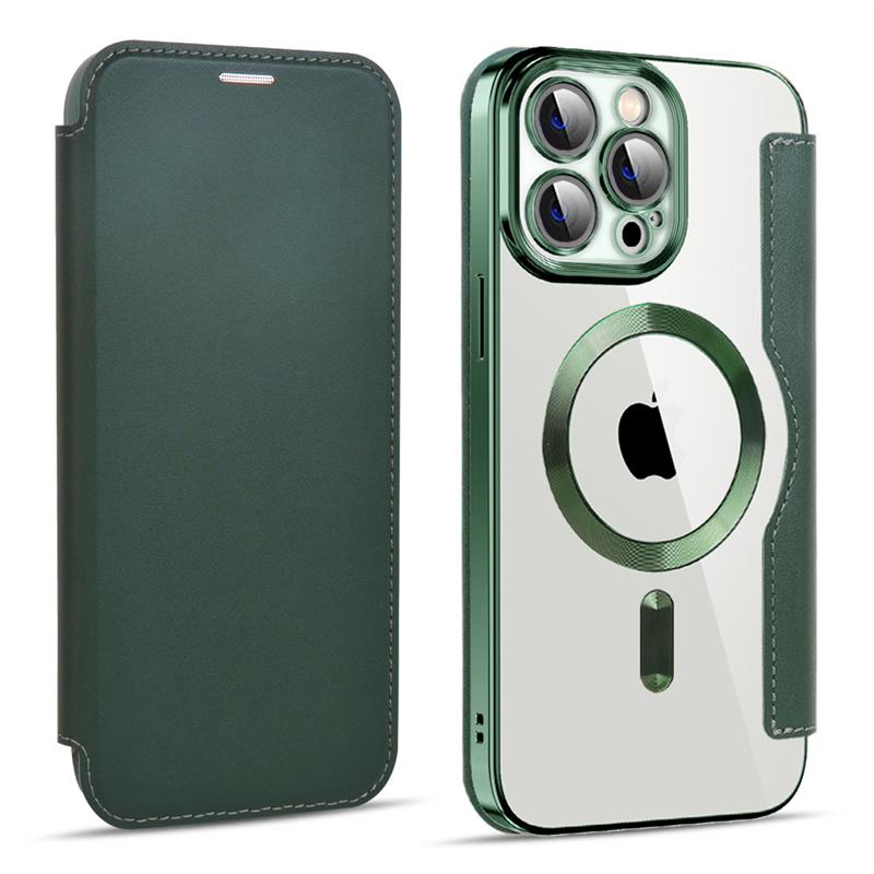 Wireless Charge Case for iPhone 16 15 14 13 Pro Max Magnetic Shockproof Flip Leather Shell Card Slot Hard PC Back Cover