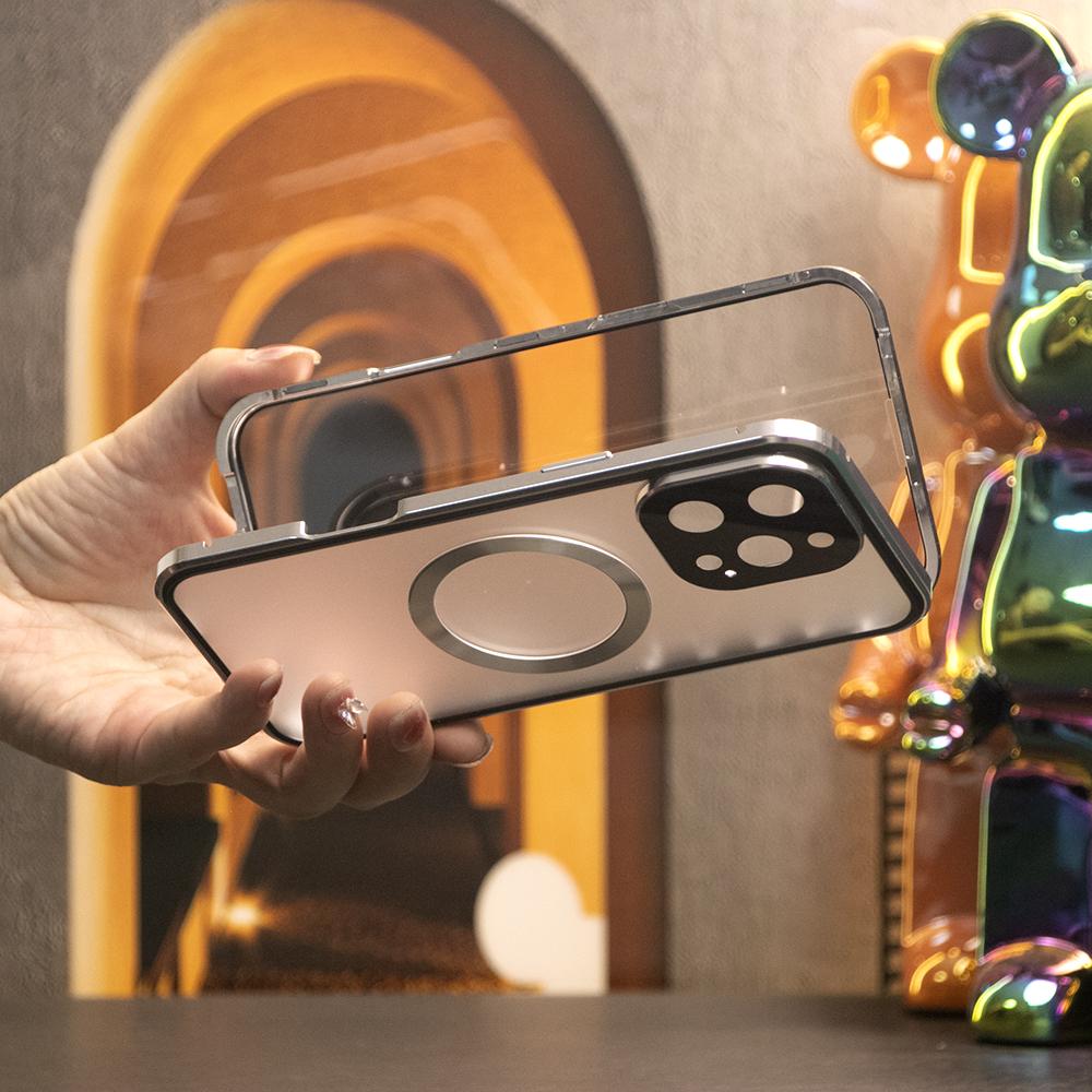 Double Sided HD Glass Matte Back Cover Aluminium Alloy For Magsafe Full Cover 360 Magnetic Ring High Definition Metal Case For iPhone 16ProMax 16 15 14 13 12 Pro Max Glass Full Cover
