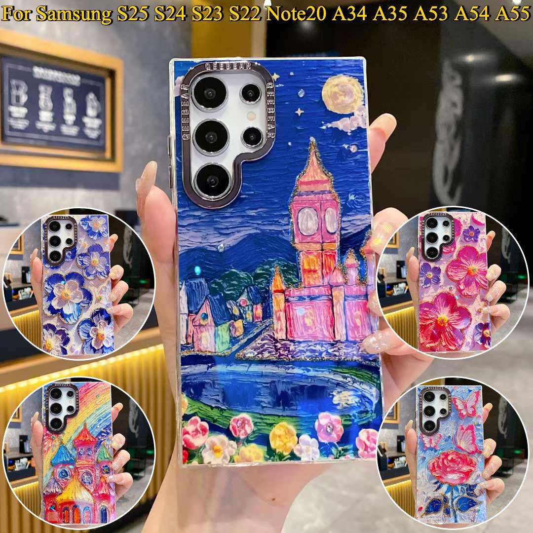 For Samsung S25 S24 S23 S22 A34 A35 A53 A54 A55 Note20Ultra Phone Case, Luxury Elegant Colorful Rainbow Castle Butterfly Flower Oil Painting Metal Camera Frame Anti-drop Hard Shockproof Full Cover
