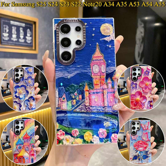 For Samsung S25 S24 S23 S22 A34 A35 A53 A54 A55 Note20Ultra Phone Case, Luxury Elegant Colorful Rainbow Castle Butterfly Flower Oil Painting Metal Camera Frame Anti-drop Hard Shockproof Full Cover