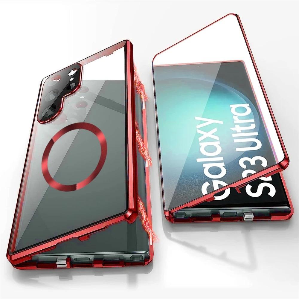 HD Clear Magnetic Double Sided Tempered Glass Front Matte Magnetic Ring Back Phone Case For Samsung S25Ultra S25 S24 S23 S22 S21 Aluminum Alloy Frame Full Cover [Not Support Fingerprint]