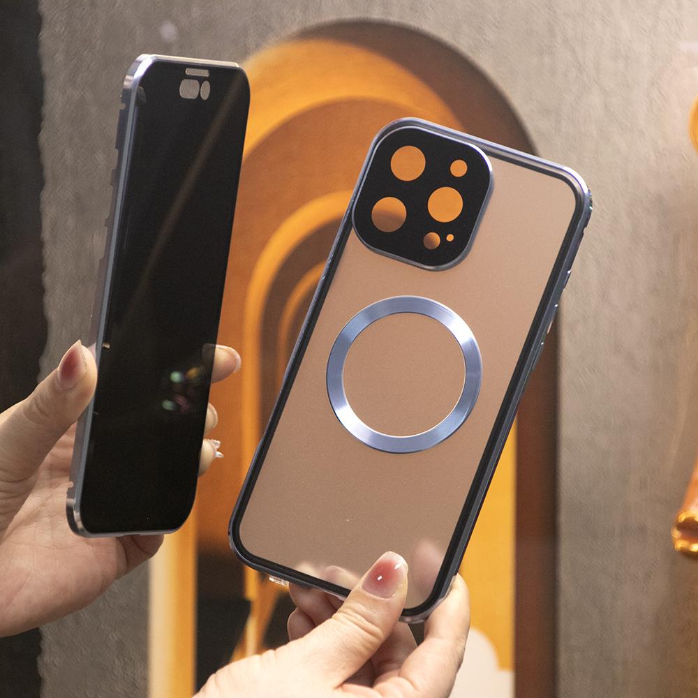 Double Sided Privacy Glass Matte Back Cover Aluminium Alloy For Magsafe Full Cover 360 Magnetic Ring Anti-peep Metal Case For iPhone 16ProMax 16 15 14 13 12 Pro Max Glass Full Cover