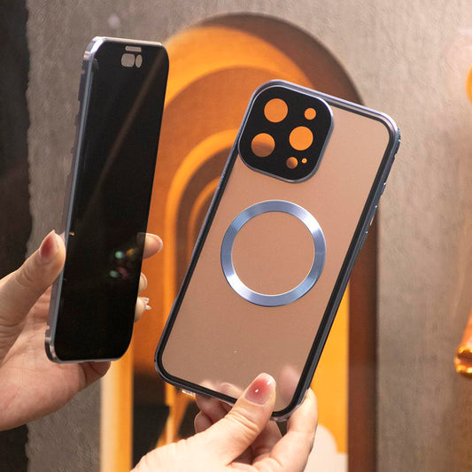 Double Sided Privacy Glass Matte Back Cover Aluminium Alloy For Magsafe Full Cover 360 Magnetic Ring Anti-peep Metal Case For iPhone 16ProMax 16 15 14 13 12 Pro Max Glass Full Cover