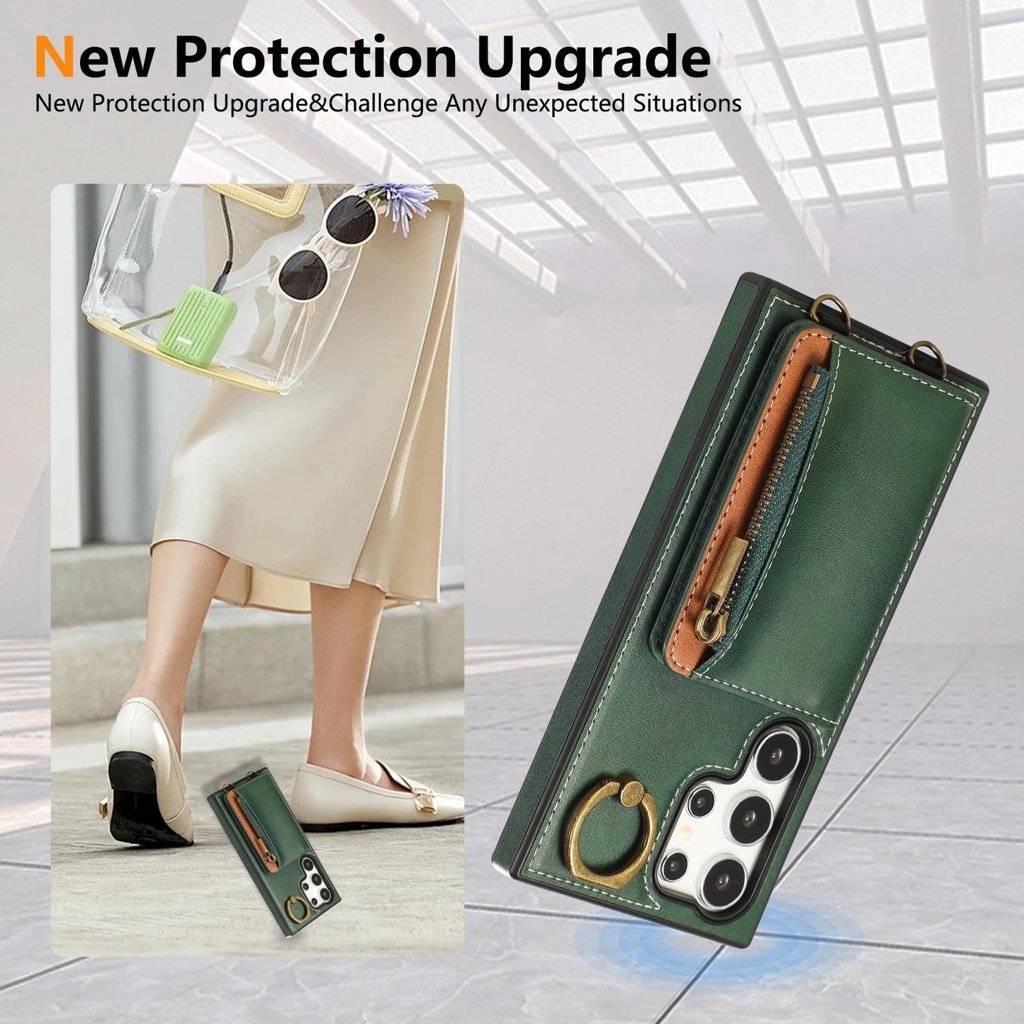 For Samsung S25Ultra S24 S23 S22 A16 A15 A35 A55 Leather Phone Case with Double Folding Wallet Wristband, Anti-Fall Card Bag Kickstand Shockproof Business Hard Full Cover