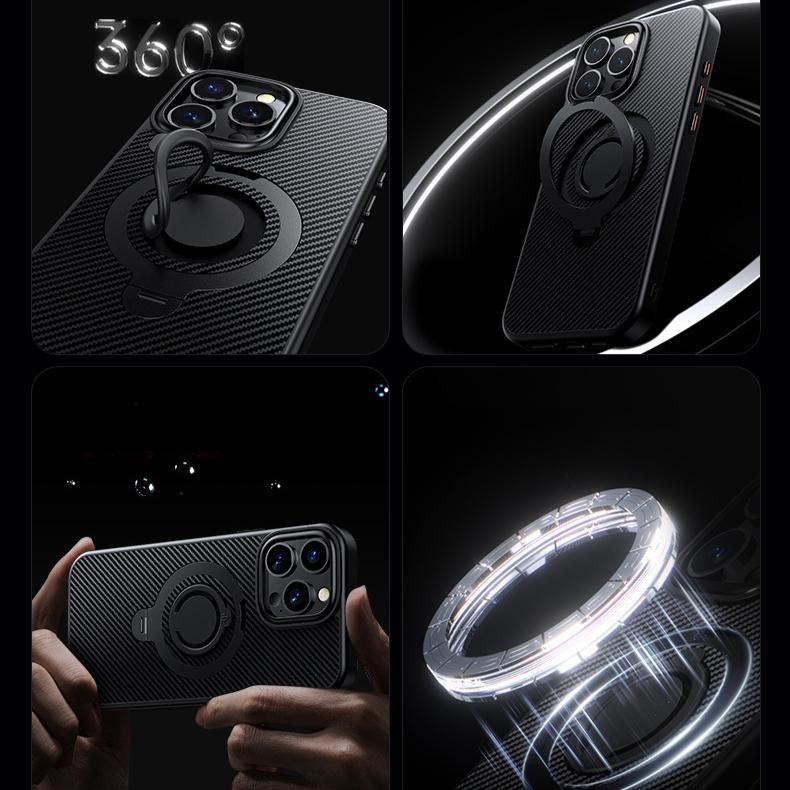 Carbon Fiber Pattern Slim PC Business Strong Magnetic Phone Case with 360 Rotating Metal Kickstand For iPhone 16ProMax 15 14 13 12 Skin Feel Bumper Shockproof Hard Full Cover