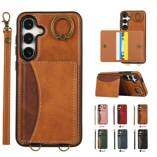 For Samsung S25Ultra S24 S23 S22 A16 A15 A35 A55 Leather Phone Case with Double Folding Wallet Wristband, Anti-Fall Card Slot Kickstand Shockproof Business Hard Full Cover