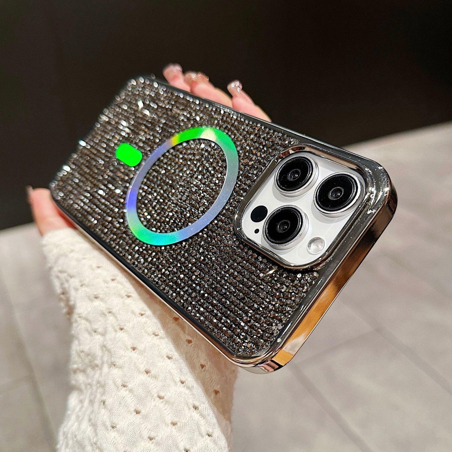 Luxury Rhinestone Glitter Plating Slim PC Strong Magnetic Phone Case For iPhone 16ProMax 15 14 13 Hard Support Wireless Charging Full Cover