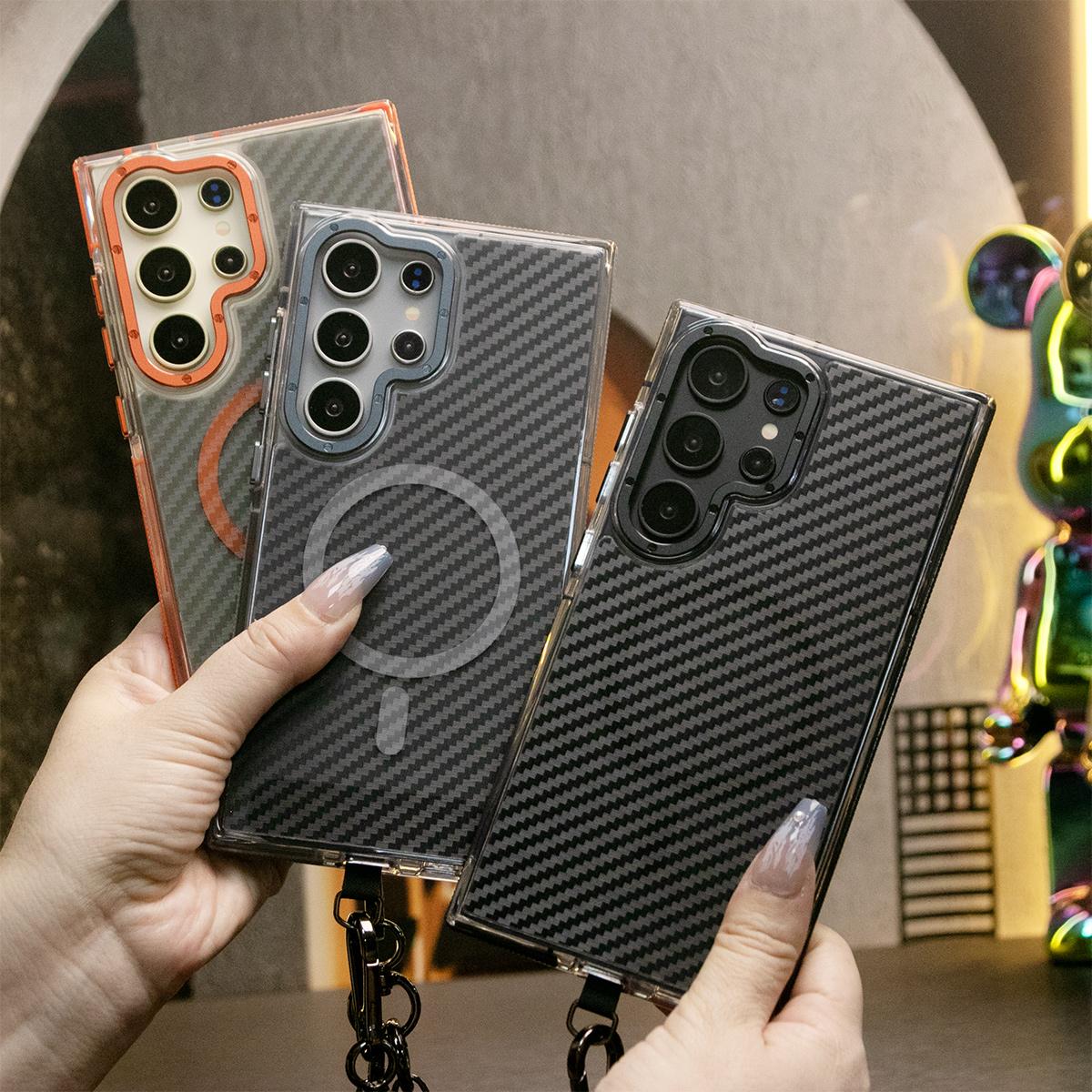Strong Magnetic Carbon Fiber Phone Case, With MultiFunctional Wristband, Metal Hardware Acrylic, Shockproof Anti-Fall Bumper For Samsung S25Ultra S25 S24 S23 S21FE A14 A15 A24 A25 A35 A54 A55 A05