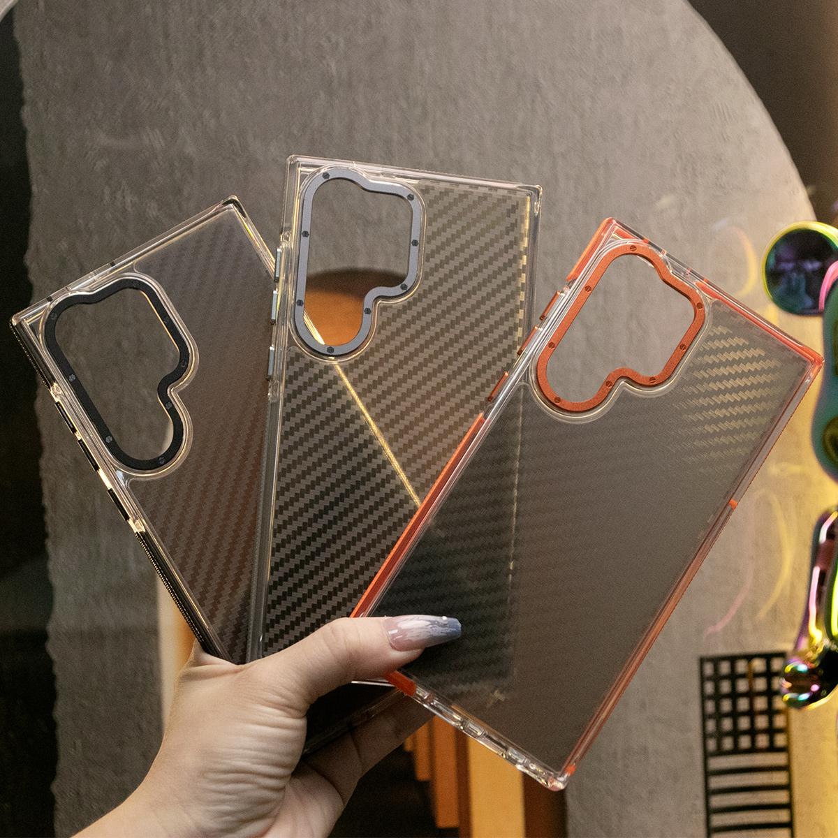 Carbon Fiber Pattern Phone Case, Metal Hardware Camera Protective Acrylic Cover, Clear No Yellow, With Shockproof  Anti-Fall Bumper For Samsung S25Ultra S24 S23 S21FE A14 A15 A24 A25 A35 A54 A55 A05
